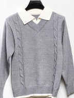 Men'S Faux Two-Piece Polo Collar Cable Knit Sweater, Slim Fit Micro Loose Style, Non-Tight, Suitable for Commute And Casual Wear - SINBOS - Grey
