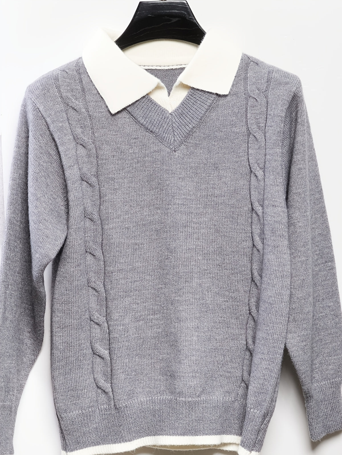 Men'S Faux Two-Piece Polo Collar Cable Knit Sweater, Slim Fit Micro Loose Style, Non-Tight, Suitable for Commute And Casual Wear - SINBOS - Grey