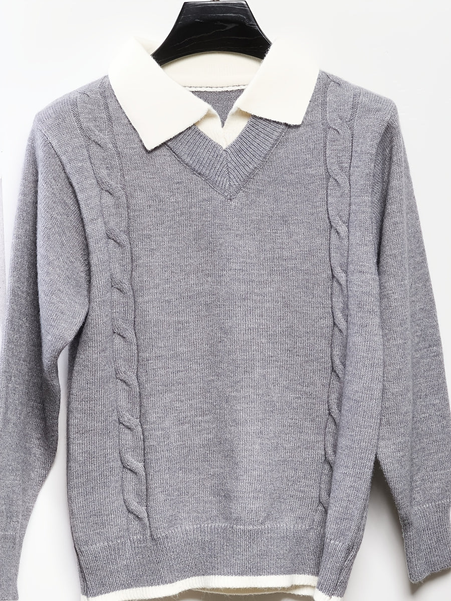 Men'S Faux Two-Piece Polo Collar Cable Knit Sweater, Slim Fit Micro Loose Style, Non-Tight, Suitable for Commute And Casual Wear - SINBOS - Grey