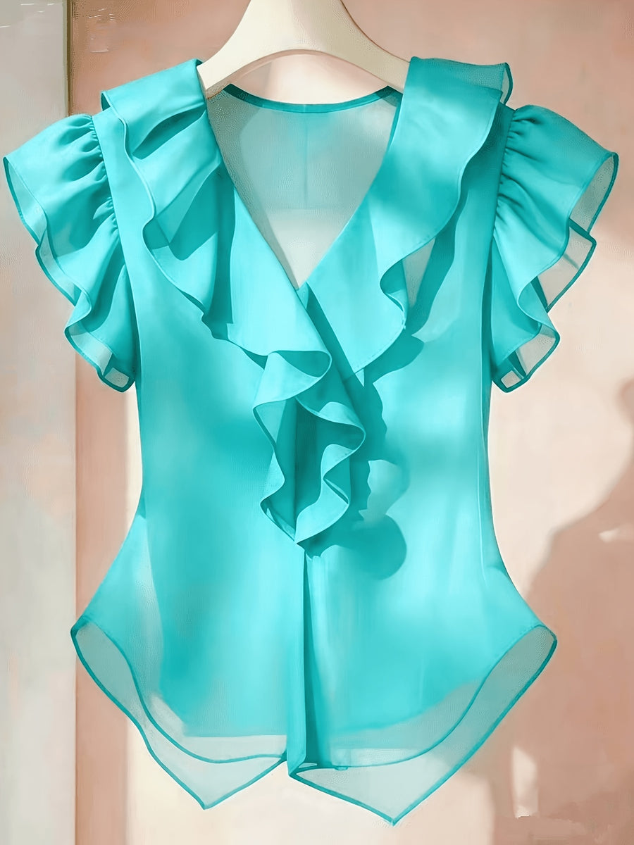 Summer French Solid Ruffled Fly Short Sleeve Shirt Chiffon Top Women'S - Lake Blue