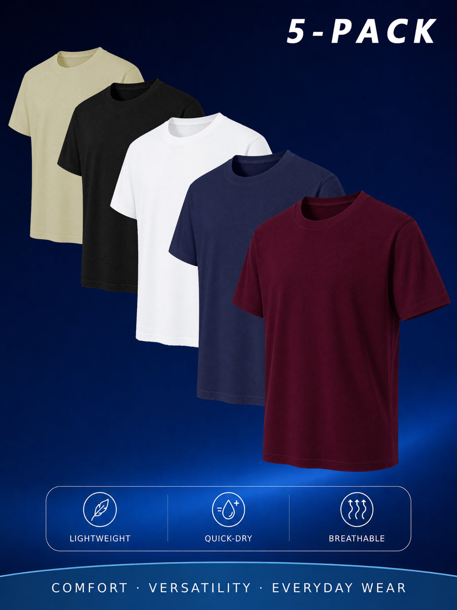 5pcs of High-quality Men's Pure-color Short-sleeved T-shirts, Assorted in 5 Different Colors, Fashionable, Casual, Comfortable, Lightweight, Basic-style Tops, Suitable for Daily Wear, Work, Sports, and as Gifts - 5-Piece Set in Khaki, Burgundy, Blue, White, and Black