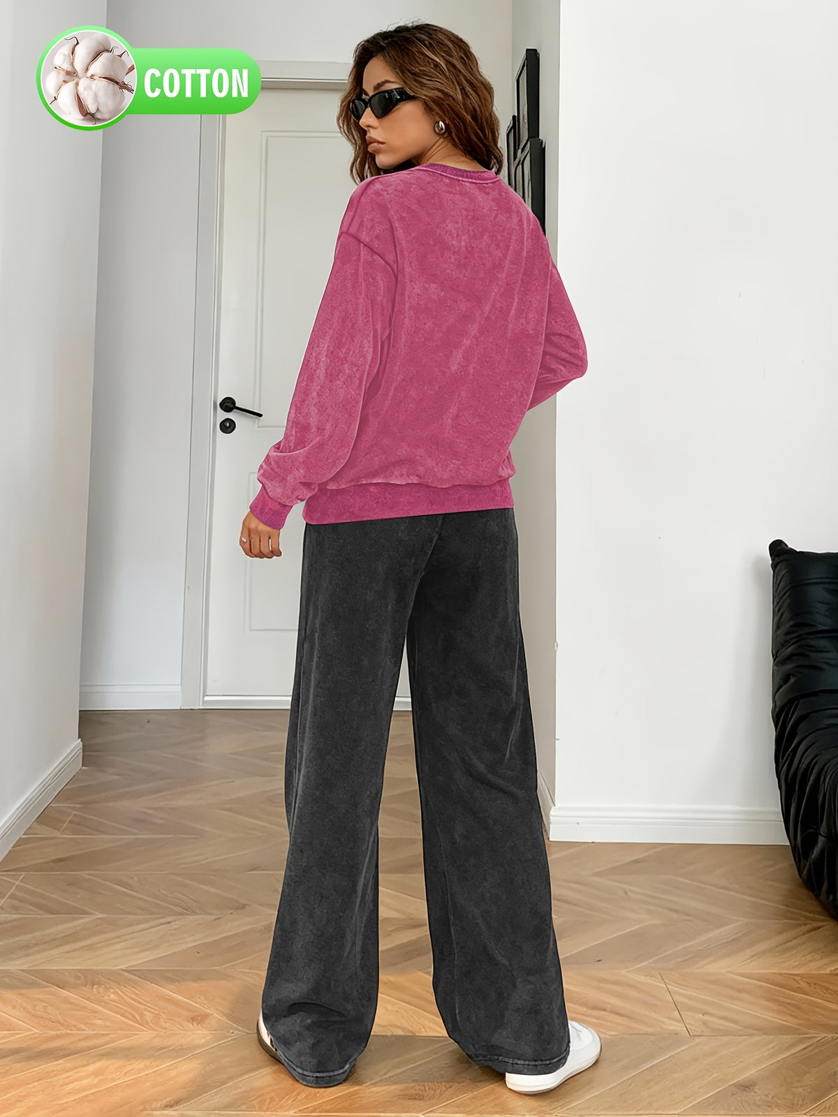 2pcs Letter Printed Streetwear Fashion Versatile, Comfortable, and Convenient, Casual, Vibrant, Y, Retro Women's Wide-leg Loose Snowflake Print Set. - Rose Red + Black Gray