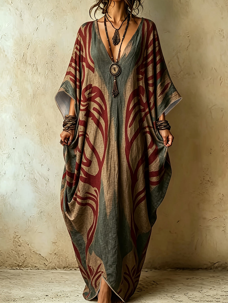 Exotic Vintage Tribal Print Oversized Kaftan Dress, Lazy Travel Photoshoot Vacation Cover-Up Long Caftan Robe - Multicolor