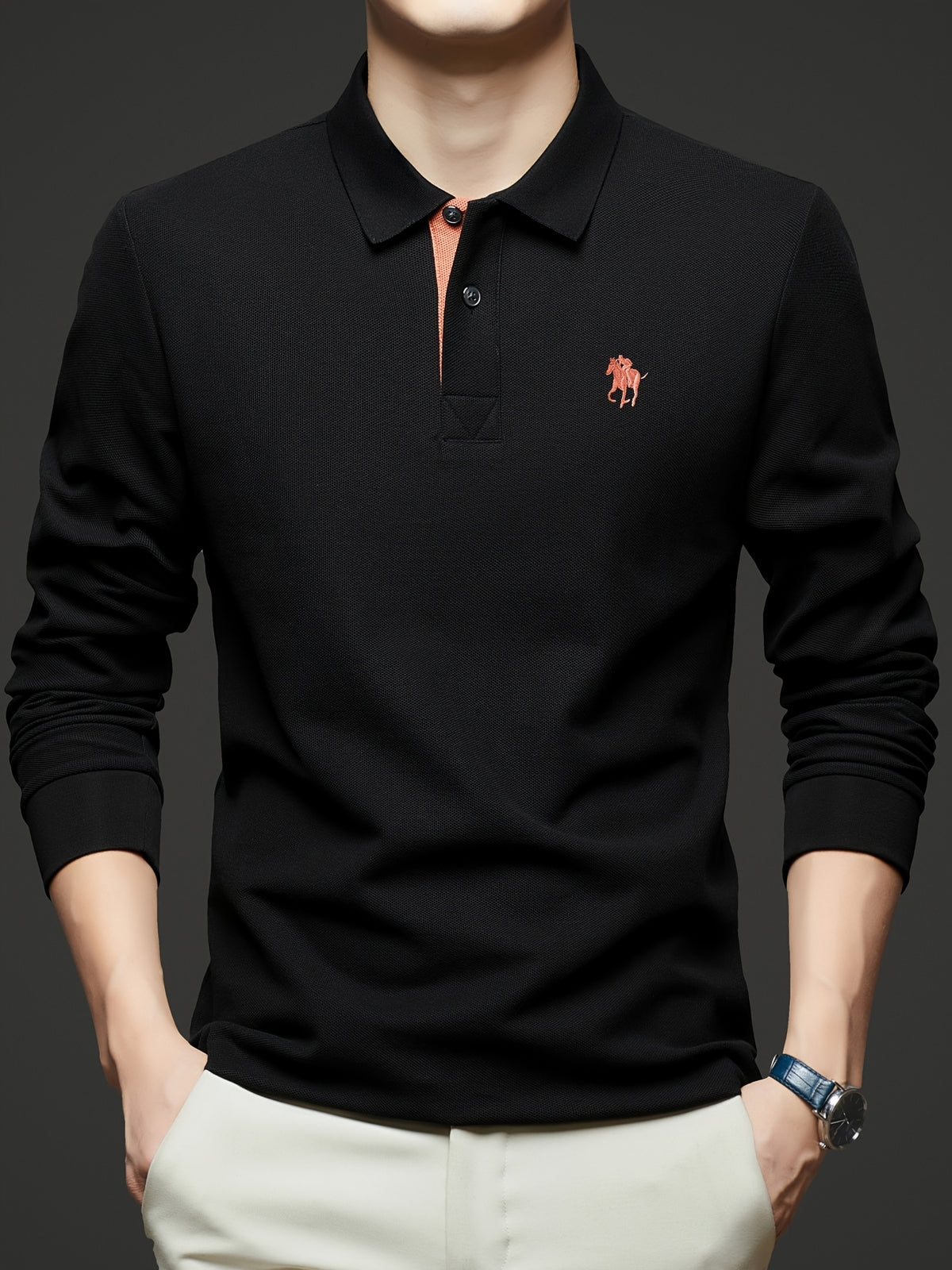 [Saa Xing OBM] 1pc Spring/Autumn New Men'S Polo Shirt, Solid Color Embroidered Half-Button Placket Single-Button Polo Collar Long Sleeve Men'S Fashion Versatile Pullover Base Layer Top, Classic Design, Suitable for Spring, Autumn, Wear - Black
