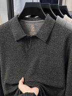 Men's Solid Color Long-Sleeve Polo Knit Shirt, Soft and Skin-Friendly Blended Yarn Polo Shirt, Semi-Open Collar for Easy Wear and Universal Fit, Suitable for Daily Commuting, Visiting Friends and Family, Casual Loose-Fit Long-Sleeve T-Shirt - Black