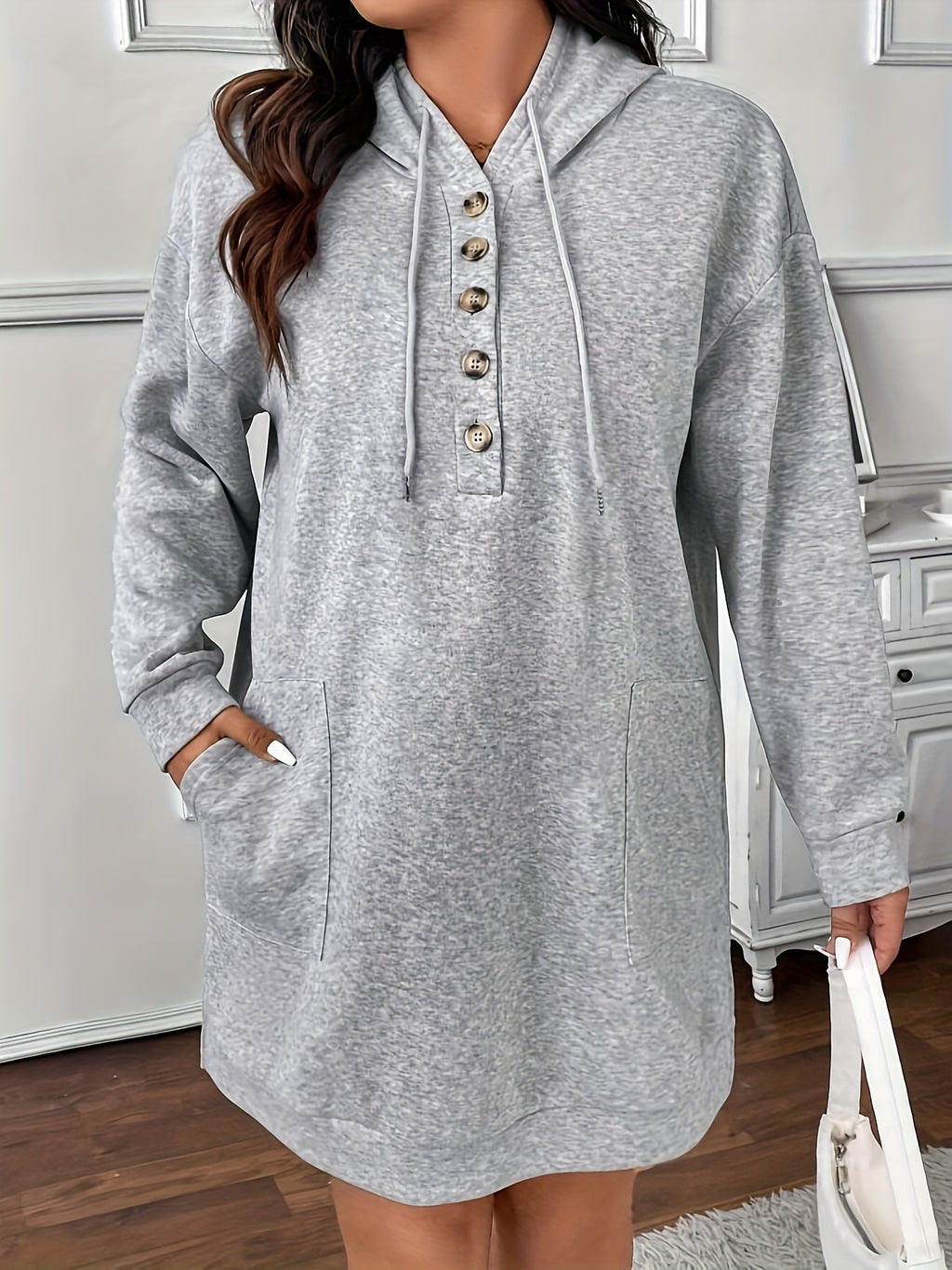 Plus Size, Plus Size Women's Autumn Clothing, Fall Apparel, Airport Wear, Casual Wear, Spring/Autumn Solid Color Button Half-Placket Long Sleeve Insert Pocket Casual Hooded Sweatshirt Dress - Space Gray