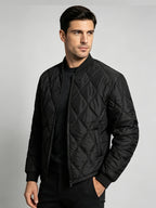 Autumn/Winter Men's Solid Black Diamond-Pattern Stitch Padded Coat, Casual Zipper Baseball Collar Lightweight Padded Outerwear - Black