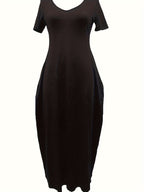 Sapu Directional Fake European And American Cross-Border Spring And Summer New Women'S Clothing Solid Color Short-Sleeved Women'S Summer Dress V-Neck Pocket Long Dress - Black