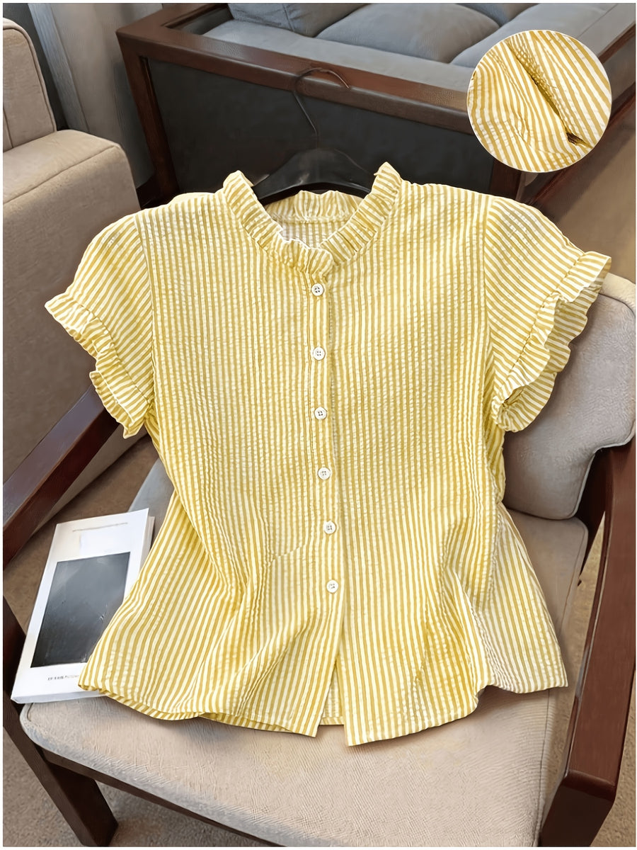 Women's Ruffle Collar Short Sleeve Single-Breasted Striped Shirt, Summer - Lemon Yellow