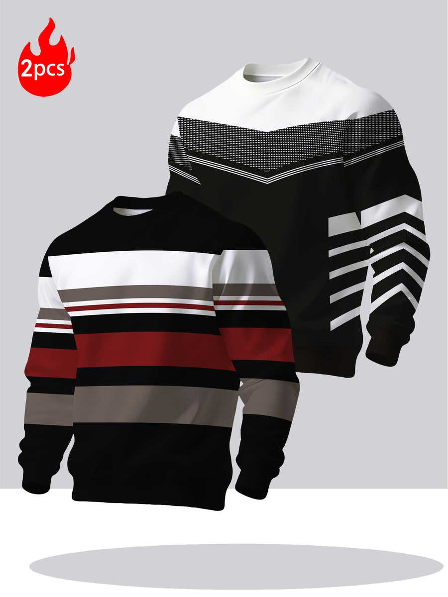 2pcs Men'S Round Neck Sweatshirt Set - Casual Print Top, Outdoor Leisure Style Round Neck Sweatshirt, Basic Versatile Style with Print - Mixed colors