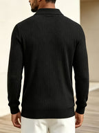2026 New Men's Long-Sleeve Polo Shirt, Jacquard Texture Lapel Top, Casual Three-Button Knitted Business Versatile Long-Sleeve T-Shirt - Black
