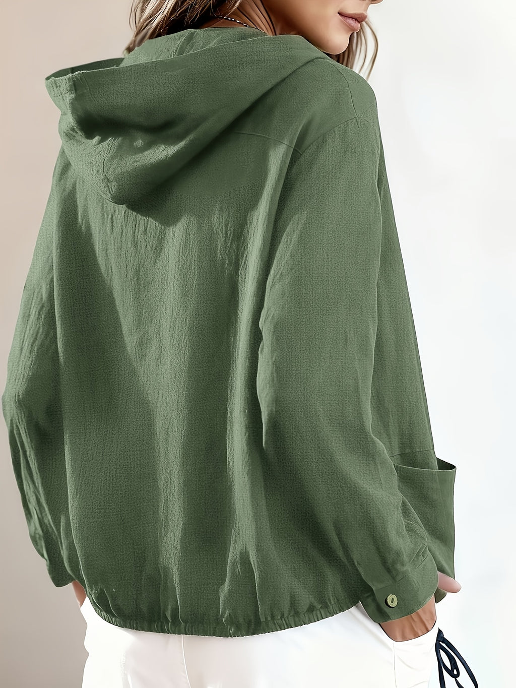 New Fashionable Solid Color Simple and Elegant Women's Hooded Jacket with Pockets - Olive Green