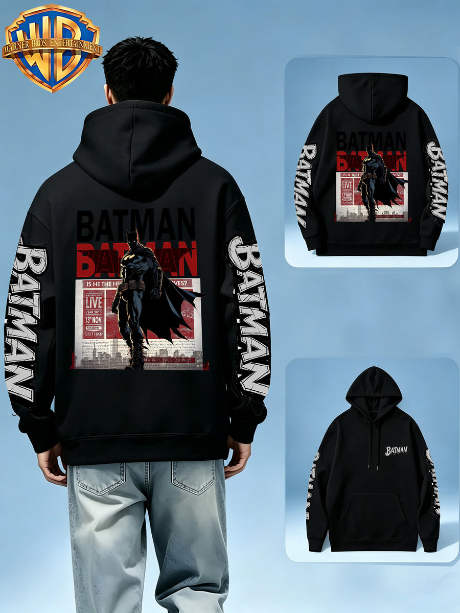 WB Men's. Hooded Sweater Hoodie - Bat-Themed Vintage Print, Loose Fit Hooded Sweater with Iconic WB, Machine Washable Fall/Winter Casual Wear Suitable for, Outdoors & Daily Use - Black