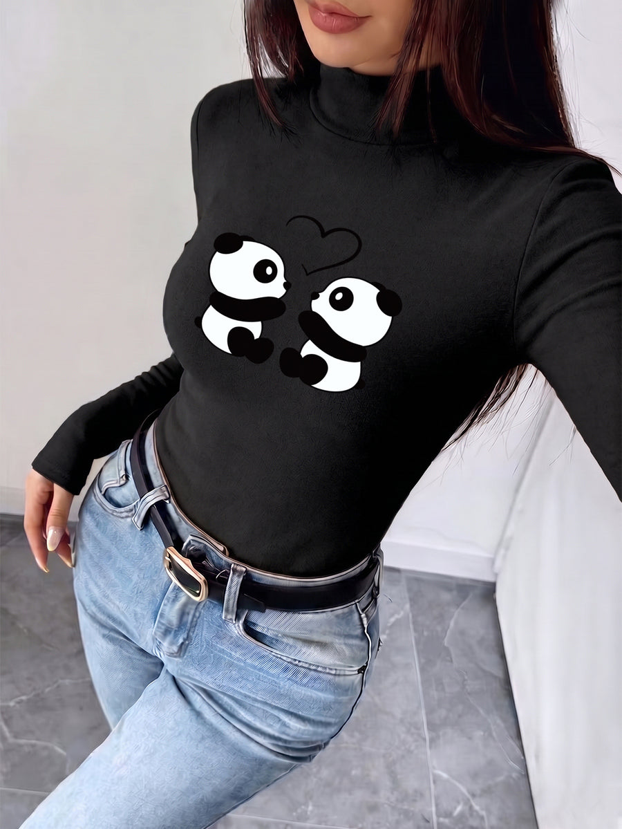 Women's New Autumn/Winter Half-Turtleneck Slim-Fit Top, Can Be Worn as an Inner or Outer Layer, Stretchy Fabric, Soft, Skin-Friendly, and Warm, Simple Waist-Cinching Fit, Versatile for Daily Wear "cute Panda Love Couple Heart - Black