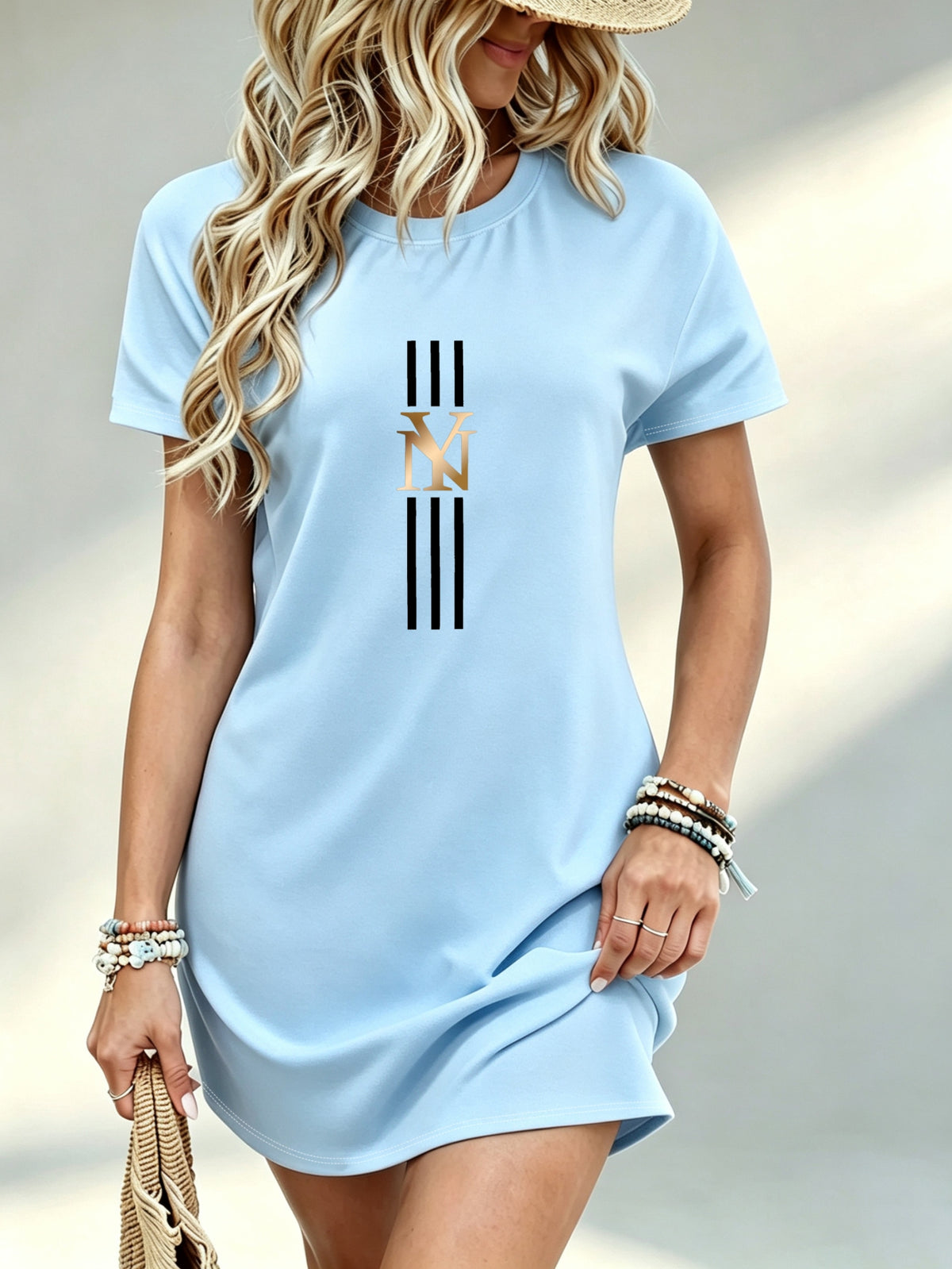 Printed Design Not Textured, Casual Style, Women Dress, Geometric Letter Print, Daily Wear, Gift for Her, 100 Percent - Sky Blue