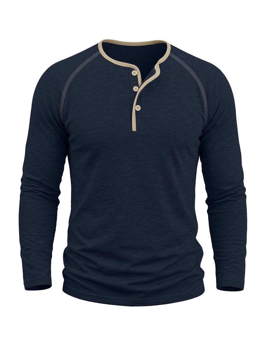 Autumn/Winter Cross-Border Men's Long Sleeve Crew Neck Henley Shirt, European and American Style Men's Pullover Base Layer T-Shirt - Royal Blue