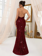 New Sequined Chain Women's Long Dress, Gorgeous and Elegant Ball Gown, Slim-Fitting High-Waist Long Dress, Off-Shoulder and Backless Slit Evening Gown, Autumn Women's Clothing, Wedding Dress, Bridal Gown, Guest Attire, Travel, Music Festival - Burgundy