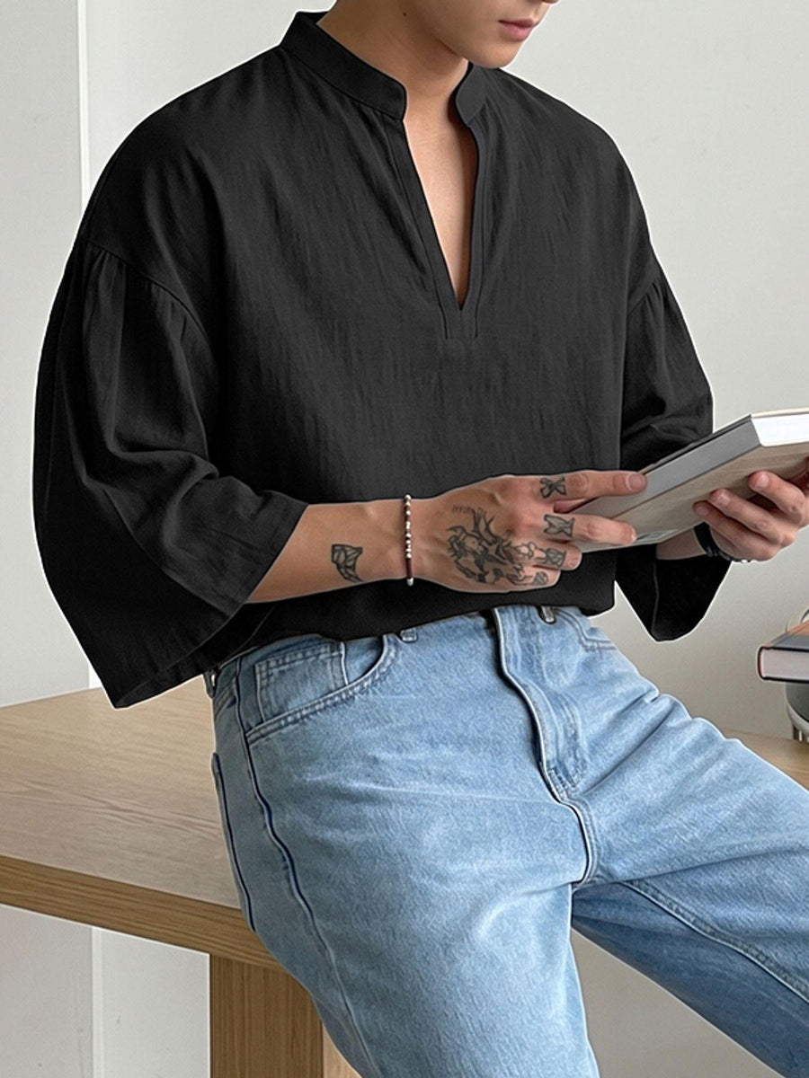 Men Casual Tops Solid 3/4 Sleeve Stand Collar V Neck Solid Loose Fit Outdoor Street Casual Shirt - Black