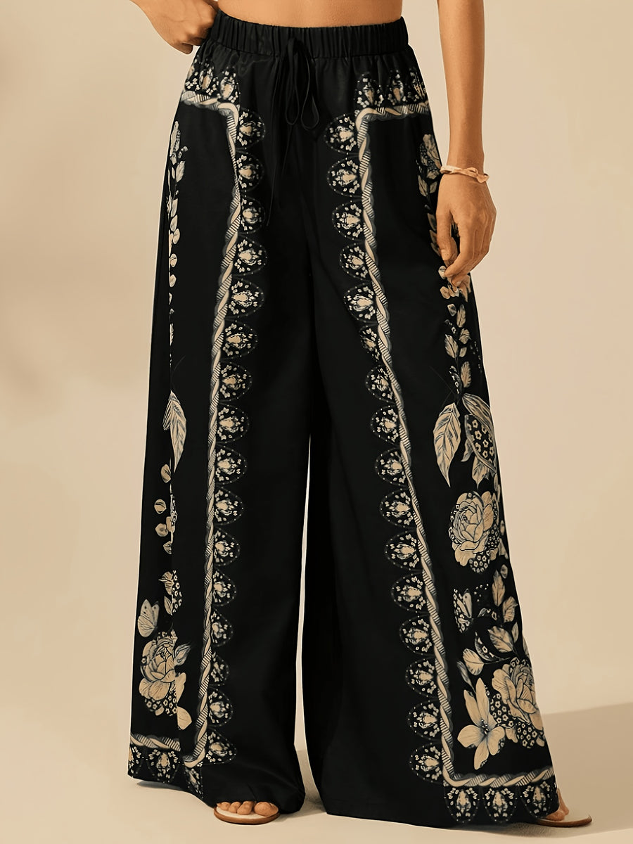 Women's Wide-Leg Pants for Spring, Summer, and Autumn, Floral Print with Drape, Versatile for Vacation and Daily Wear, Casual Fashion Trousers - Black
