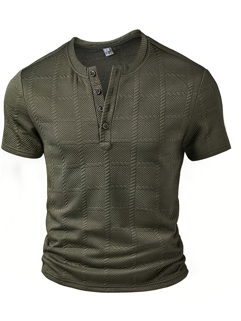 Men's Fashion Top, Spring/Summer Outdoor Textured Jacquard Fabric, Solid Color Crew Neck Single-Breasted Short Sleeve Henley Shirt - Olive Green