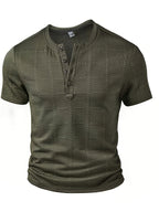 Men's Fashion Top, Spring/Summer Outdoor Textured Jacquard Fabric, Solid Color Crew Neck Single-Breasted Short Sleeve Henley Shirt - Olive Green
