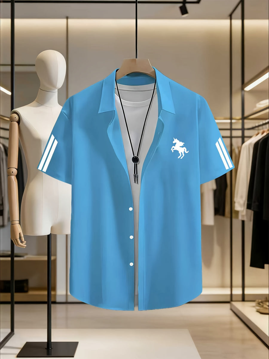 Men'S Solid Color Short Sleeve Shirt, Summer Lightweight Breathable Fabric, Classic Collar, Loose Fit, Textured Fabric, Suitable for Casual, Office & Weekend Wear, Short Sleeve Top, Non-Stretch Material, Durable Casualwear, Outdoor Casual - Sky Blue