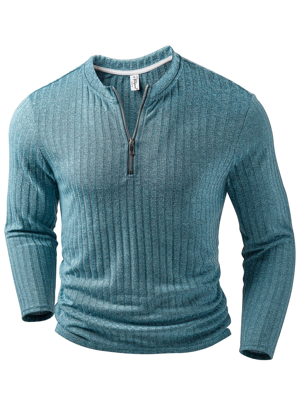 Men'S Fashion Top, Autumn Winter Outdoor Casual Textured Ribbed Fabric, Zipper Neck Design Long Sleeve Patchwork Men'S Henley Shirt - Military Blue