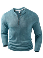 Men'S Fashion Top, Autumn Winter Outdoor Casual Textured Ribbed Fabric, Zipper Neck Design Long Sleeve Patchwork Men'S Henley Shirt - Military Blue
