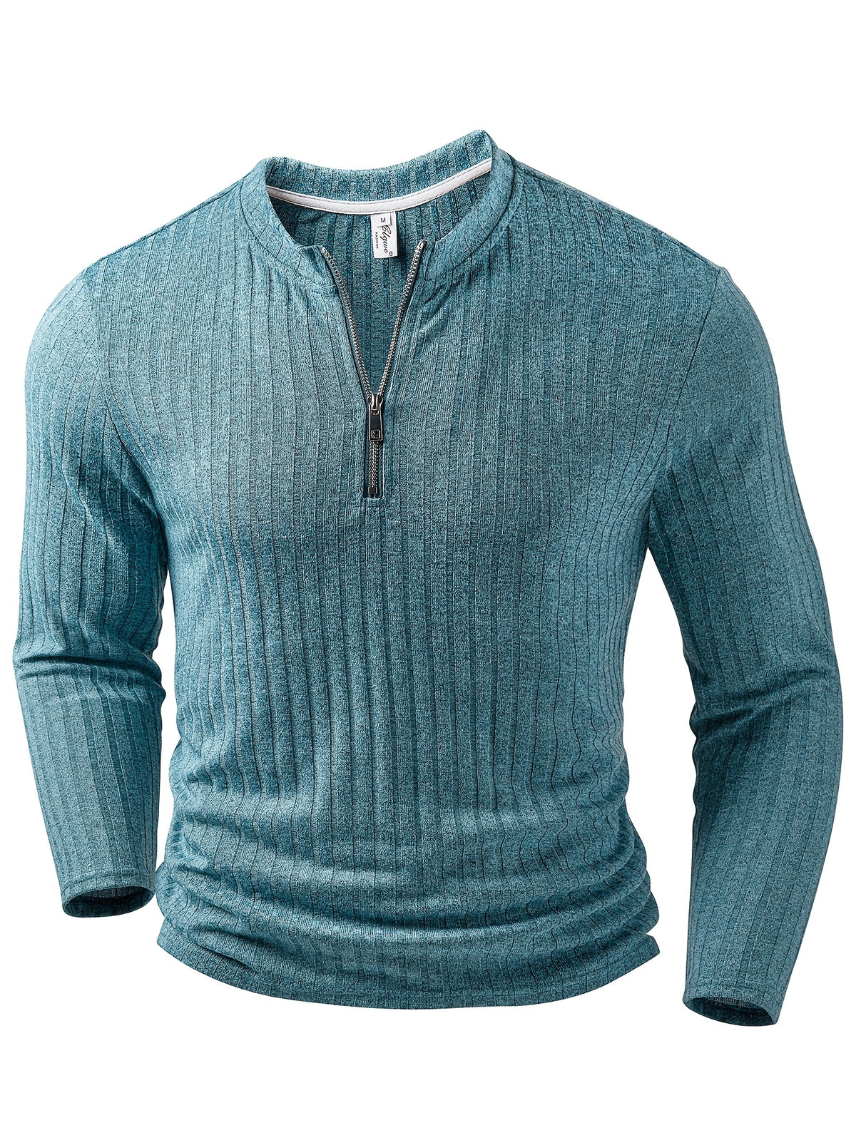 Men'S Fashion Top, Autumn Winter Outdoor Casual Textured Ribbed Fabric, Zipper Neck Design Long Sleeve Patchwork Men'S Henley Shirt - Military Blue