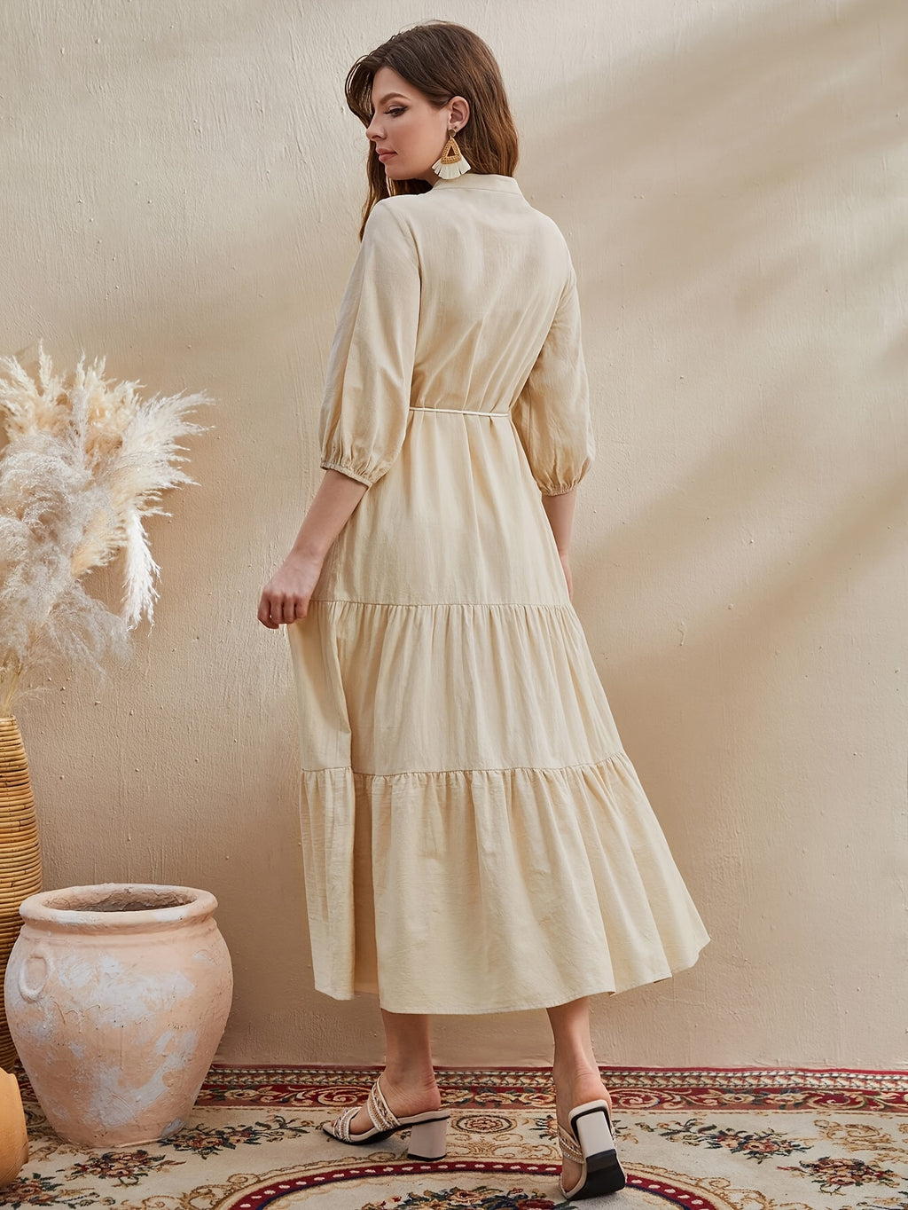 Women Three Quarter Sleeve Dress Tassel Detail Ruffle Hem Lantern Sleeve Stand Collar With Belt - Apricot