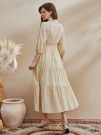 Women Three Quarter Sleeve Dress Tassel Detail Ruffle Hem Lantern Sleeve Stand Collar With Belt - Apricot