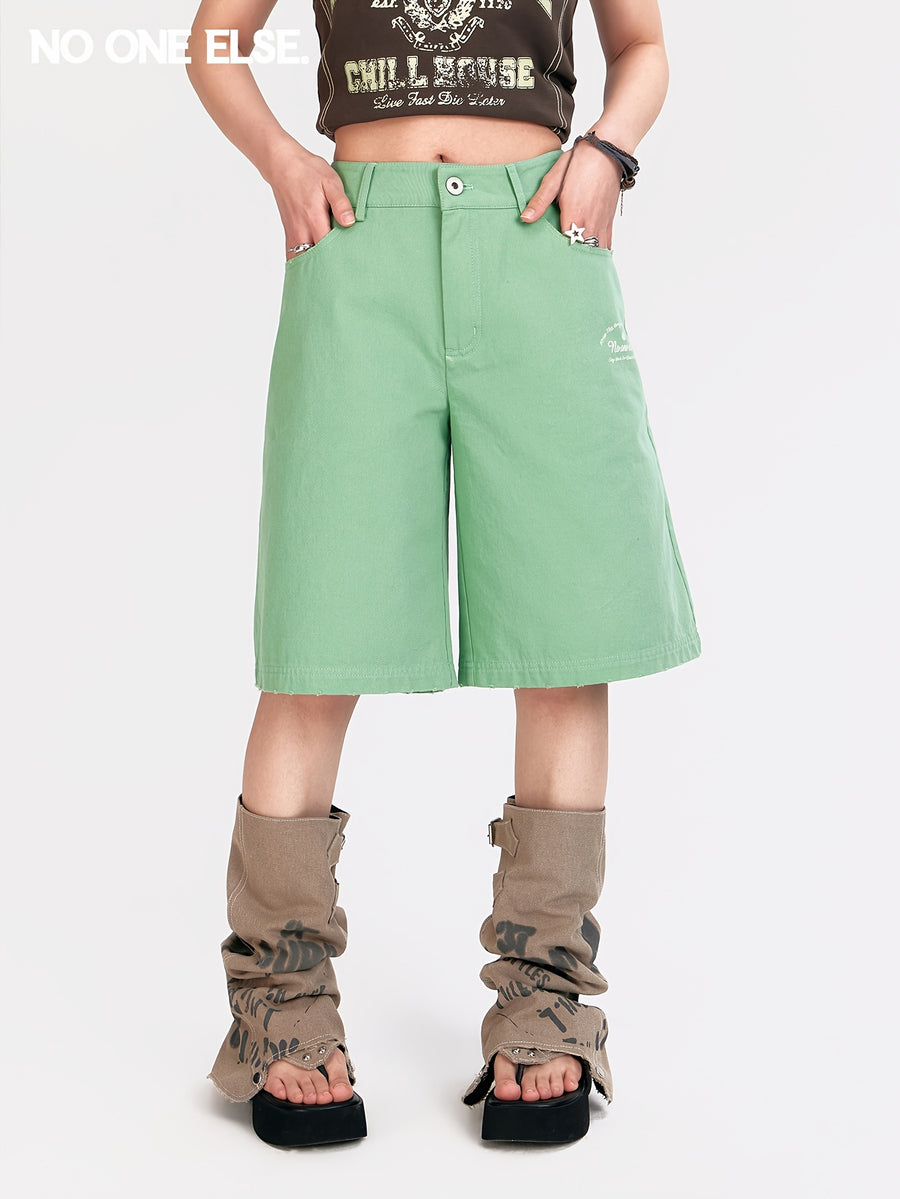 NO ONE ELSE Women's Wide-Leg Casual Pants 2026 Summer New Style Solid Color Letter Print Cargo Mid-Length Pants - Fluorescent Green