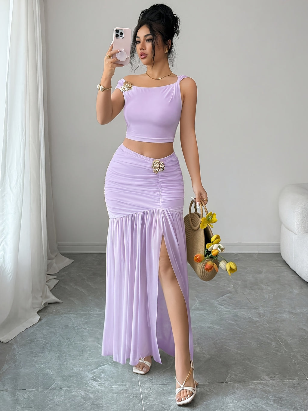 Elegant 2pcs Set for Women, Featuring a Strappy Crop Top and a Slit Maxi Skirt with Metallic Embellishments. The Slim-fit Design Is Perfect for High-end Occasions Such as Dates, Evening Parties, Gatherings, and Vacations - Lavender