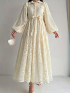 Women's Middle Eastern Muslim Lace Collar Robe Dress - Champagne