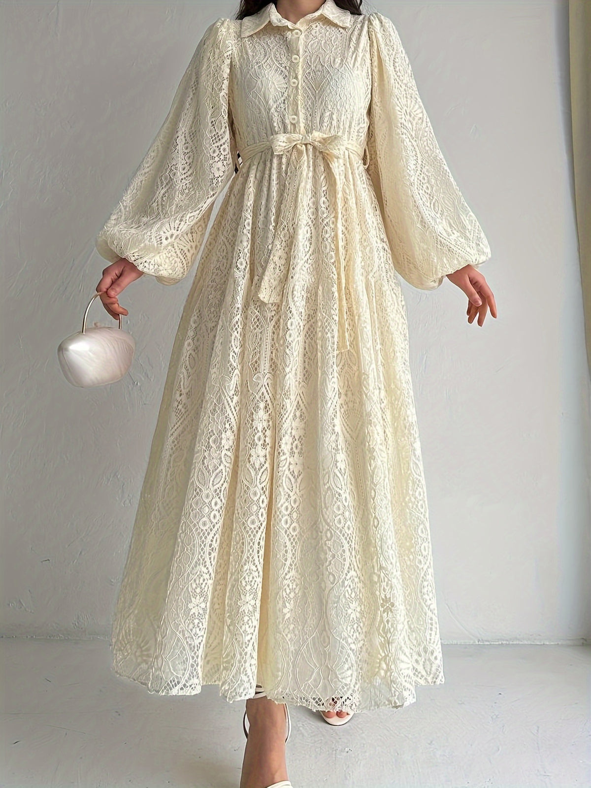 Women's Middle Eastern Muslim Lace Collar Robe Dress - Champagne