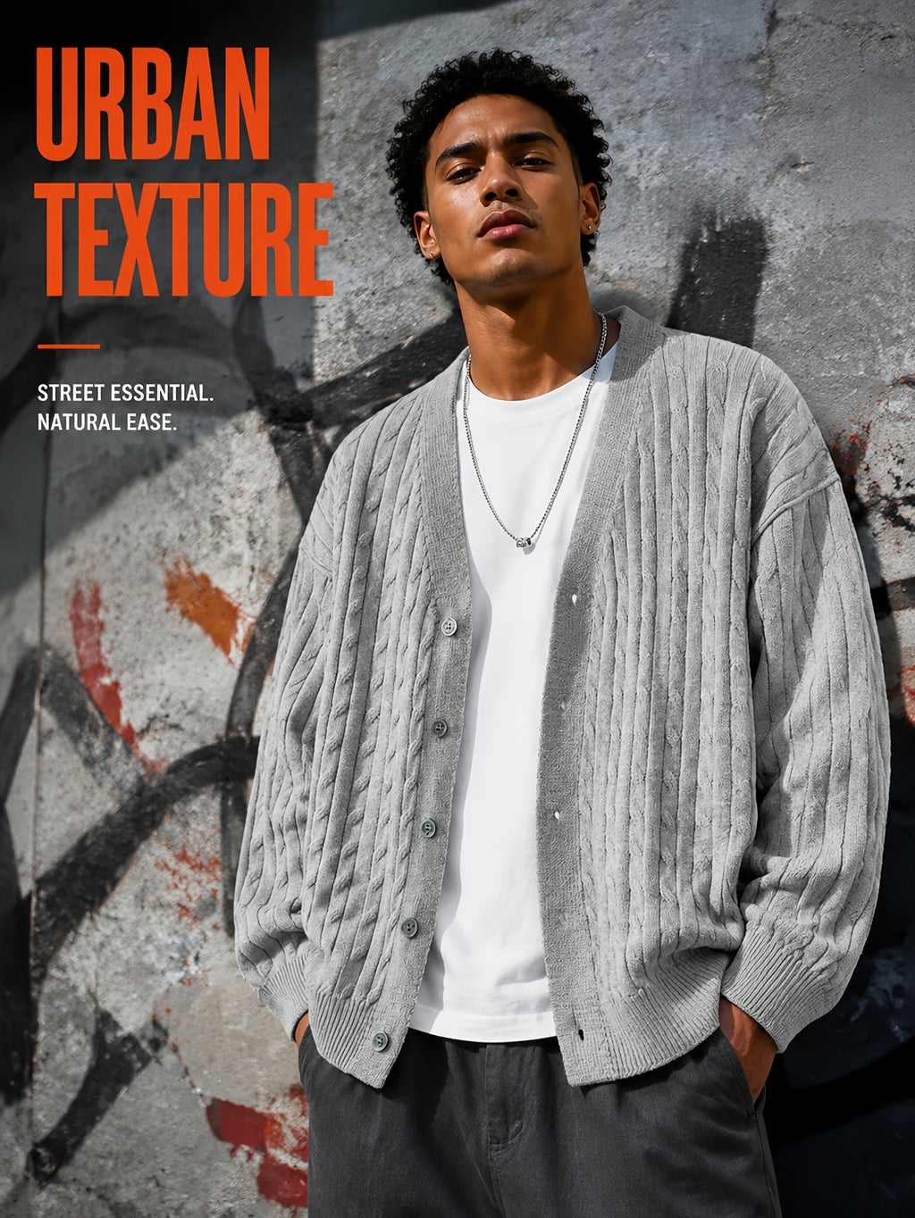 Daily Deal 1pc Men's Cable Knit Cardigan, V-Neck Button-Front, Textured Twist Knit, Retro Casual Street Style, Spring & Fall Loose Fit Daily Sweater Outerwear - Light Grey