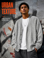 Daily Deal 1pc Men's Cable Knit Cardigan, V-Neck Button-Front, Textured Twist Knit, Retro Casual Street Style, Spring & Fall Loose Fit Daily Sweater Outerwear - Light Grey