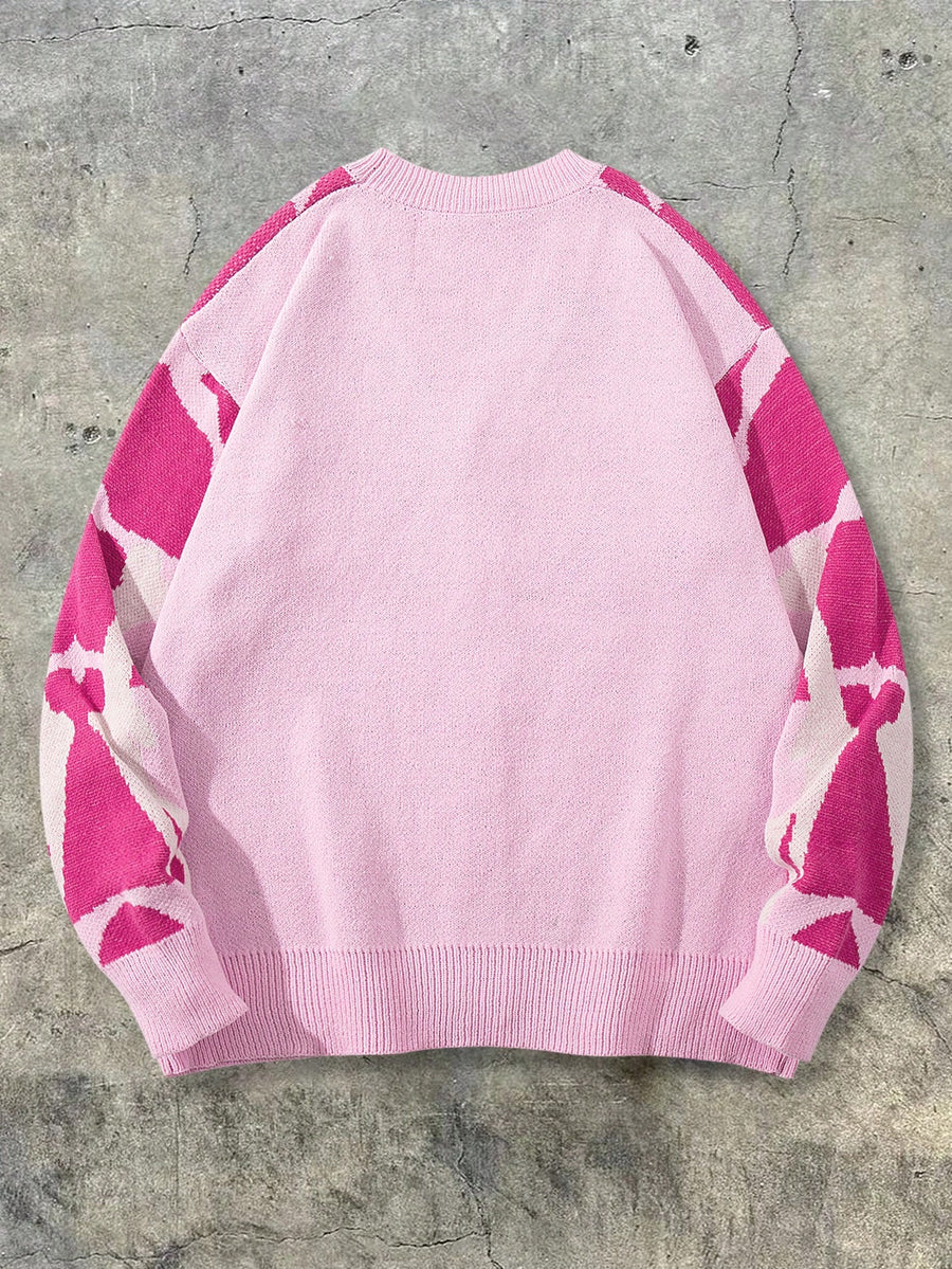 ANDREILEE Men's Sweater, American Vintage Style Fashion Trend, Casual Streetwear Style, Interwoven Color Pattern, Button-Up Cardigan, V-Neck, Long Sleeve, Loose Ribbed Knit Top Outerwear for Autumn/Winter - Pink Color