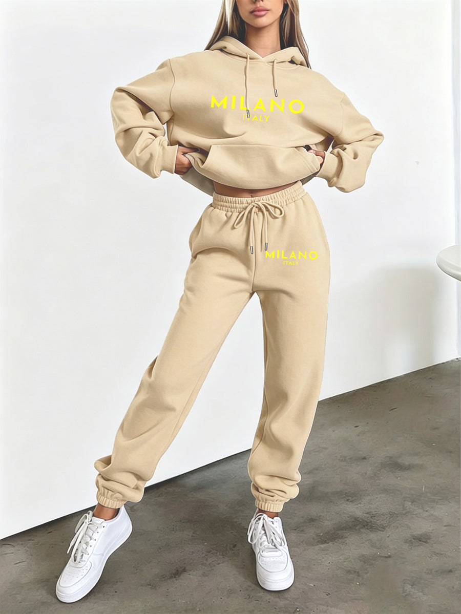 Autumn Winter Trendy Fashion Hooded Drawstring Sweatshirt And Joggers Women'S Set MILANO Letter Print Easy Letter Style Hooded Drawstring Design with Front Kangaroo Pocket Cold Weather Comfortable Wear Classic Silhouette Comfortable Fit Casual Home - Apricot