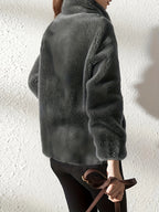 Solid Color Plush Coat, Stand Collar Thick Warm Zipper Drawstring Loose Women'S Coat - Graphite Color