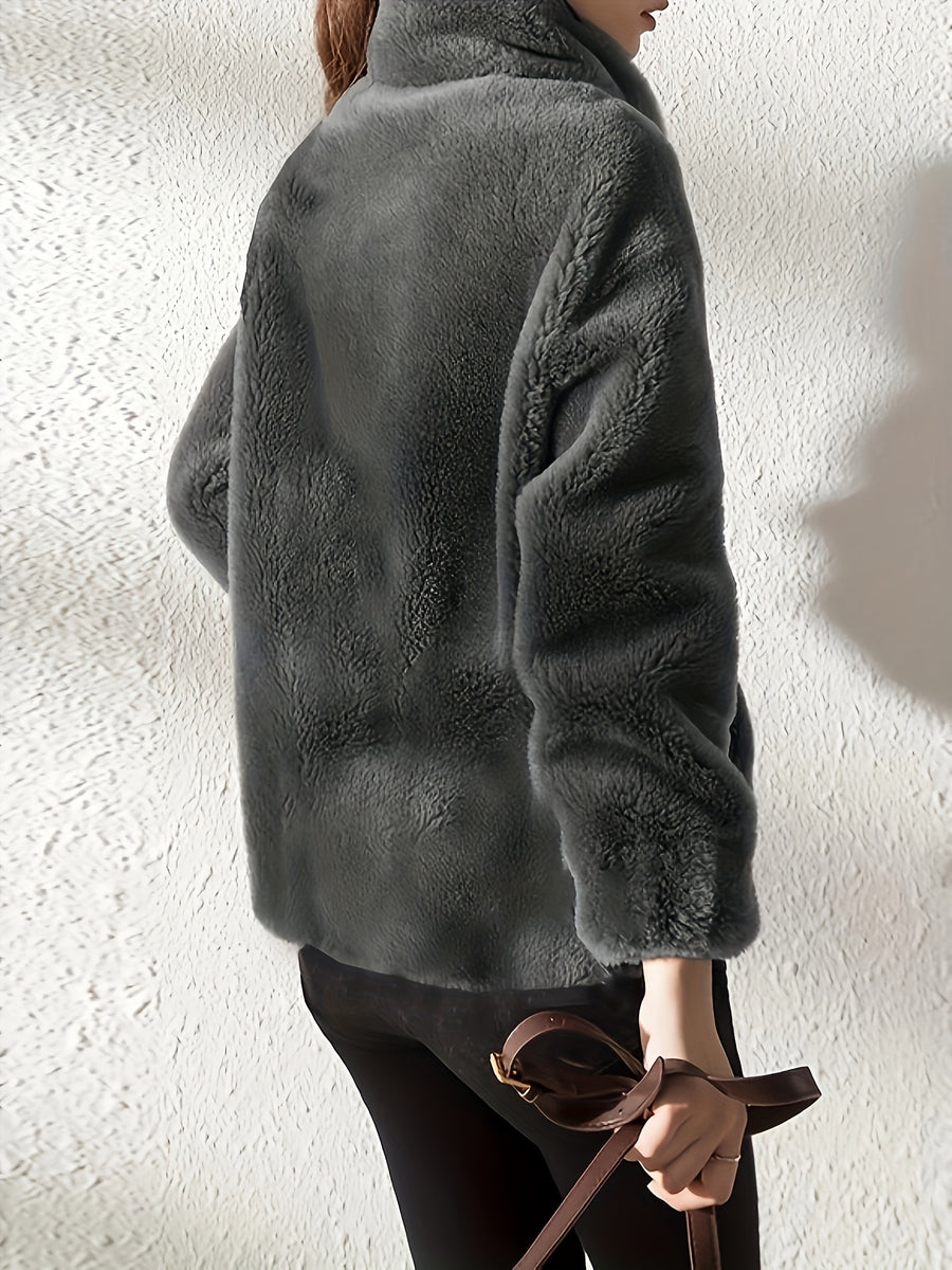 Solid Color Plush Coat, Stand Collar Thick Warm Zipper Drawstring Loose Women'S Coat - Graphite Color