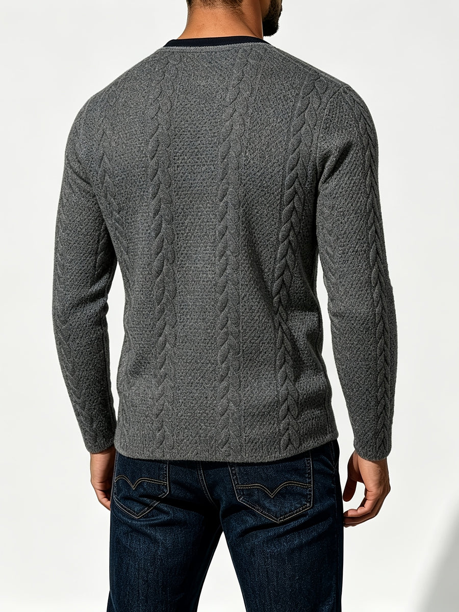 [Joximei OBM] Western Hardman Style Men'S Jacquard Henley Long Sleeve T-Shirt, Shoulder Side Color-Block Patchwork Knit Top, Home Casual Weekend Outing Base Layer, Surprise Gift for Men - Dark Gray