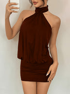 Women'S High Neck Backless Mini Bodycon Halter Dress - Dark Brown