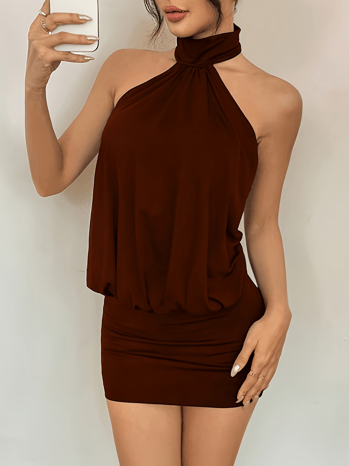 Women'S High Neck Backless Mini Bodycon Halter Dress - Dark Brown