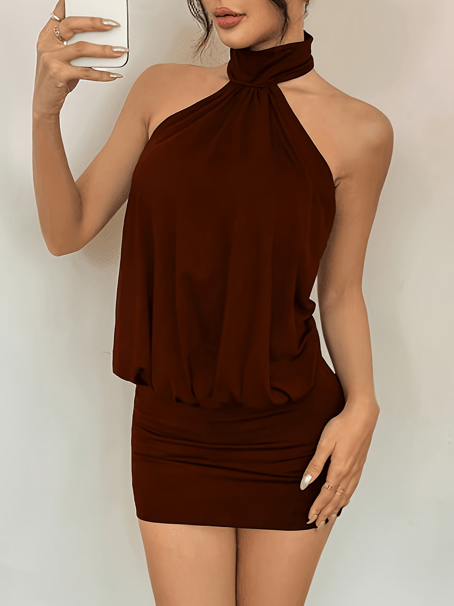 Women'S High Neck Backless Mini Bodycon Halter Dress - Dark Brown