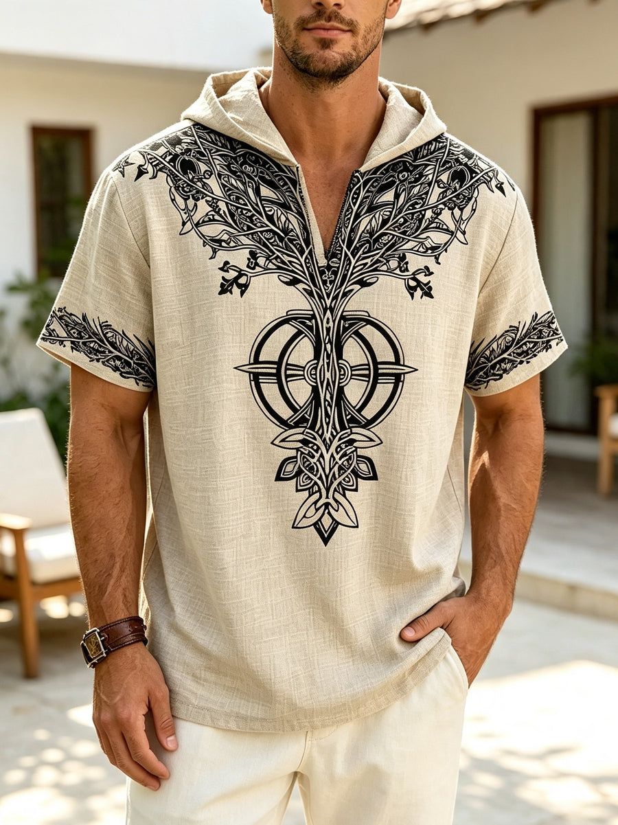 26 Styles Summer Men'S Loose Faith Rune Print Hooded Hip-Hop Trendy Short Sleeve, Casual Commute, Outing Shopping - Apricot