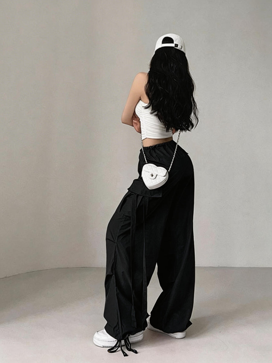 Street Style Loose Fit Drawstring Ankle Scarf Fashion Utility Pants Wide Leg Casual Long Trousers - Black