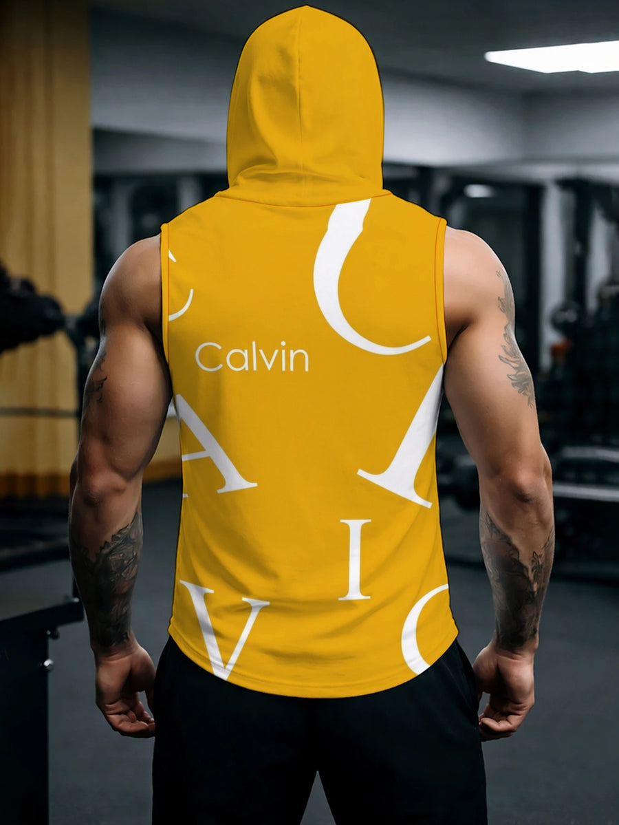 Men's Sleeveless Hooded Sports Top Fashion Yellow And White Color Block Letter Print Gym Wear Breathable Comfortable for Daily Training Casual Versatile Trendy Top - Mixed colors
