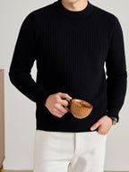 Men'S Waffle Knit Round Neck Sweater, Full Waffle Texture Jacquard Checkered Knit, Strong Three-Dimensional Feel, Thicker Than Regular Plain Knit, Better Warmth - SINBOS - Black