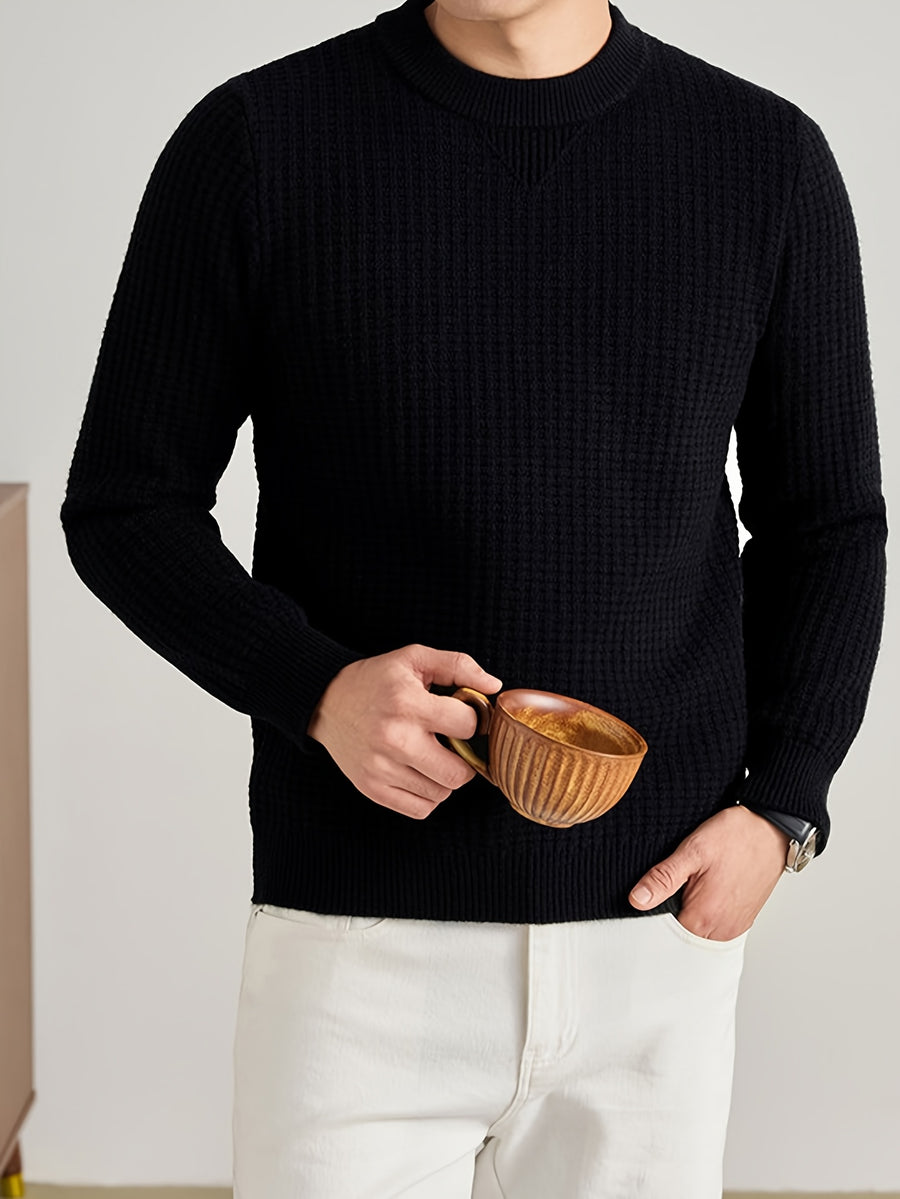 Men'S Waffle Knit Round Neck Sweater, Full Waffle Texture Jacquard Checkered Knit, Strong Three-Dimensional Feel, Thicker Than Regular Plain Knit, Better Warmth - SINBOS - Black